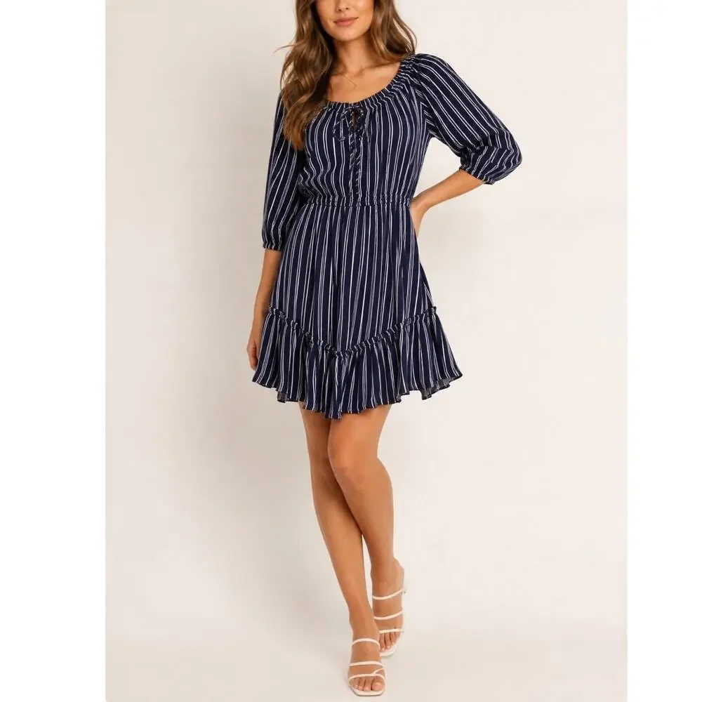 BB Dakota Off Shoulder Dress Fit & Flare Elastic Waist Striped Navy Blue White S